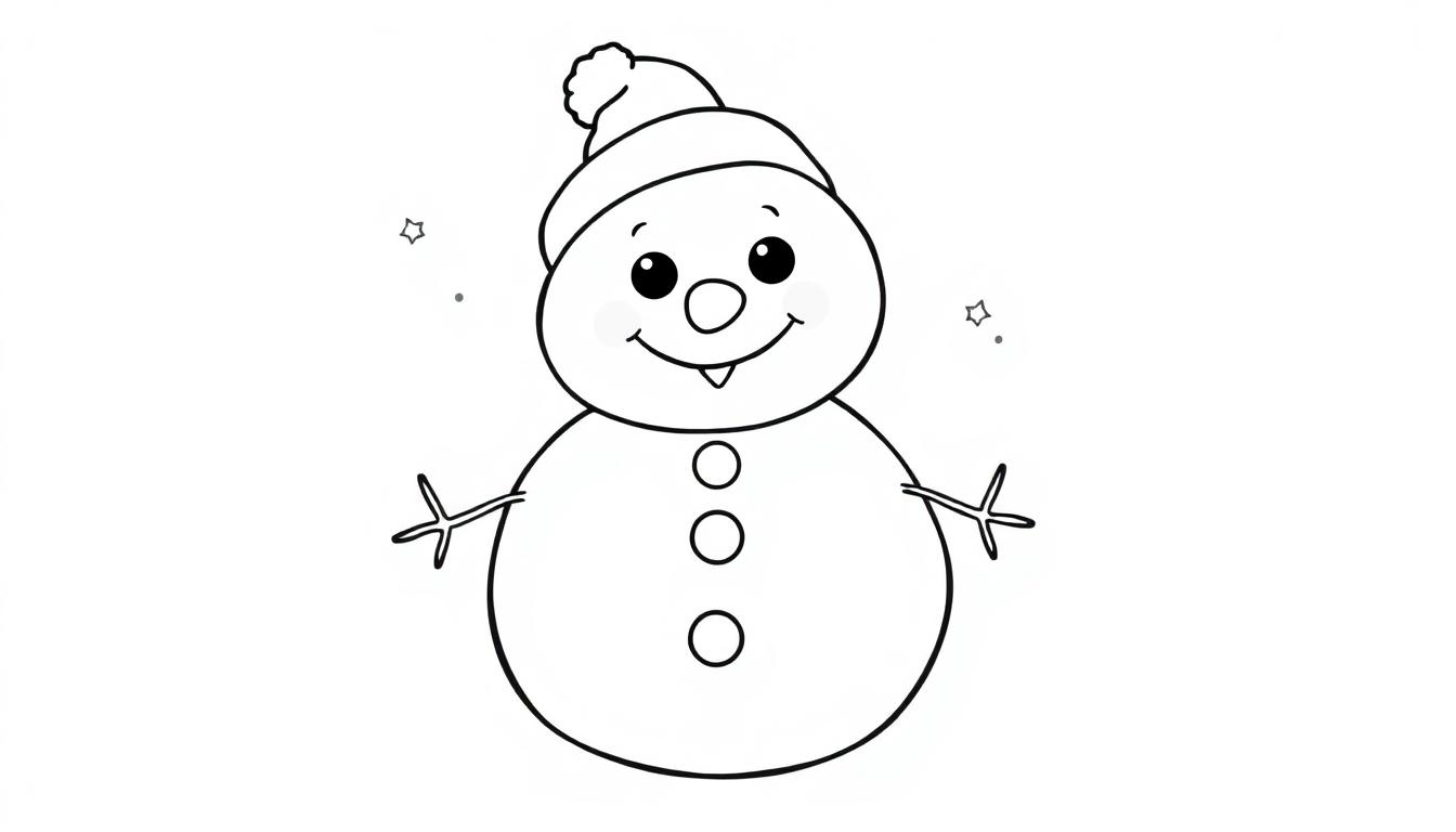 Schwarz-weiße Farbtafel eines niedlichen Schneemanns zum Ausmalen mit Karottennase und Knöpfen.