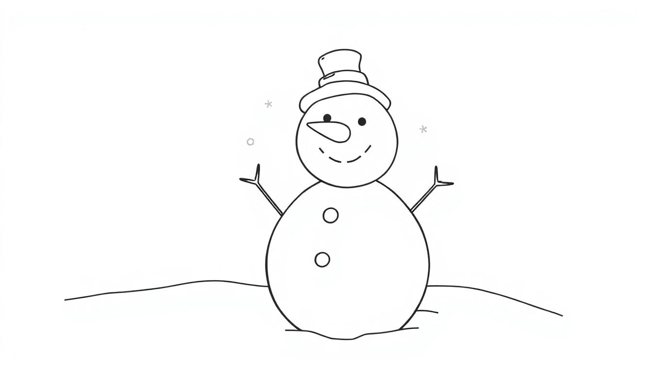 Schwarz-weiße Farbtafel-Illustration eines Schneemanns mit Karottennase und Zylinder, bereit zum Ausmalen.