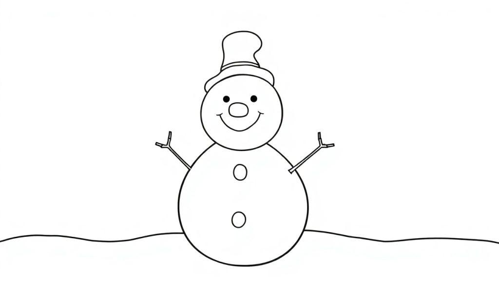 Schwarz-Weiß-Farbtafel-Illustration eines einfachen Schneemanns mit Karottennase und Hut auf einer Schneedecke.