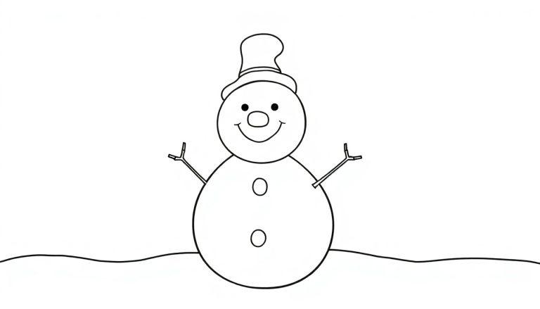 Schwarz-Weiß-Farbtafel-Illustration eines einfachen Schneemanns mit Karottennase und Hut auf einer Schneedecke.