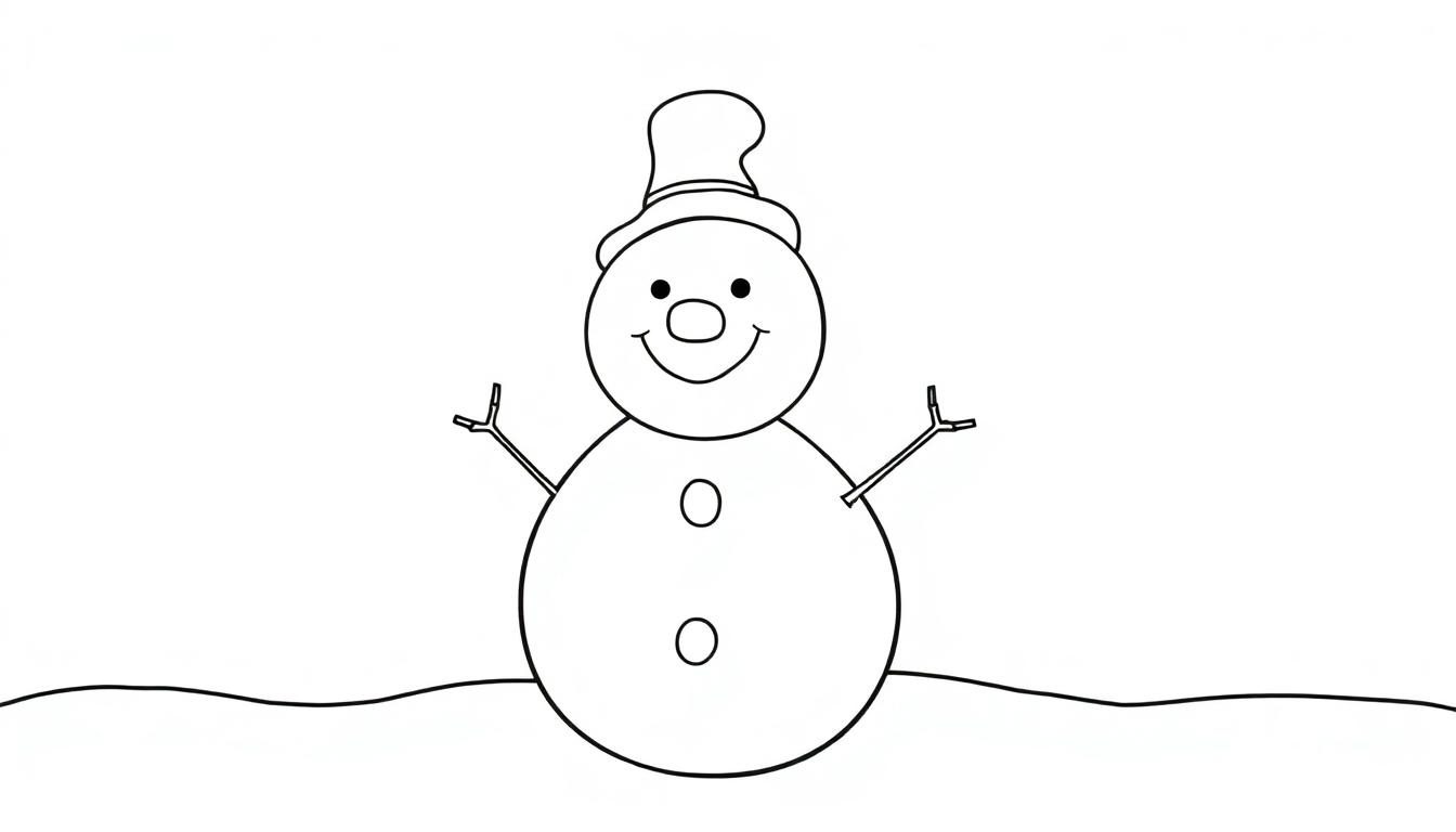 Schwarz-Weiß-Farbtafel-Illustration eines einfachen Schneemanns mit Karottennase und Hut auf einer Schneedecke.