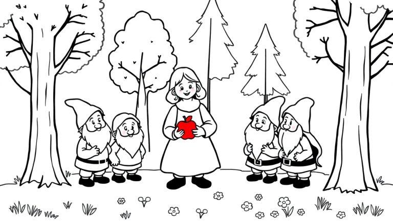 Schwarz-Weiß-Farbtafel: Schneewittchen gibt Zwergen einen Apfel im Wald.