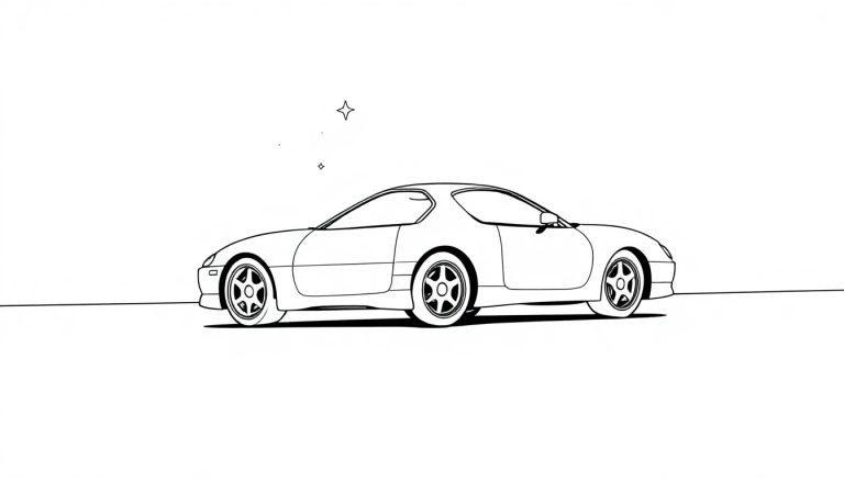 Eine Schwarz-Weiß-Farbtafel eines glücklichen Toyota Supras, der mit Sternen um ihn herum über eine Straße rast.