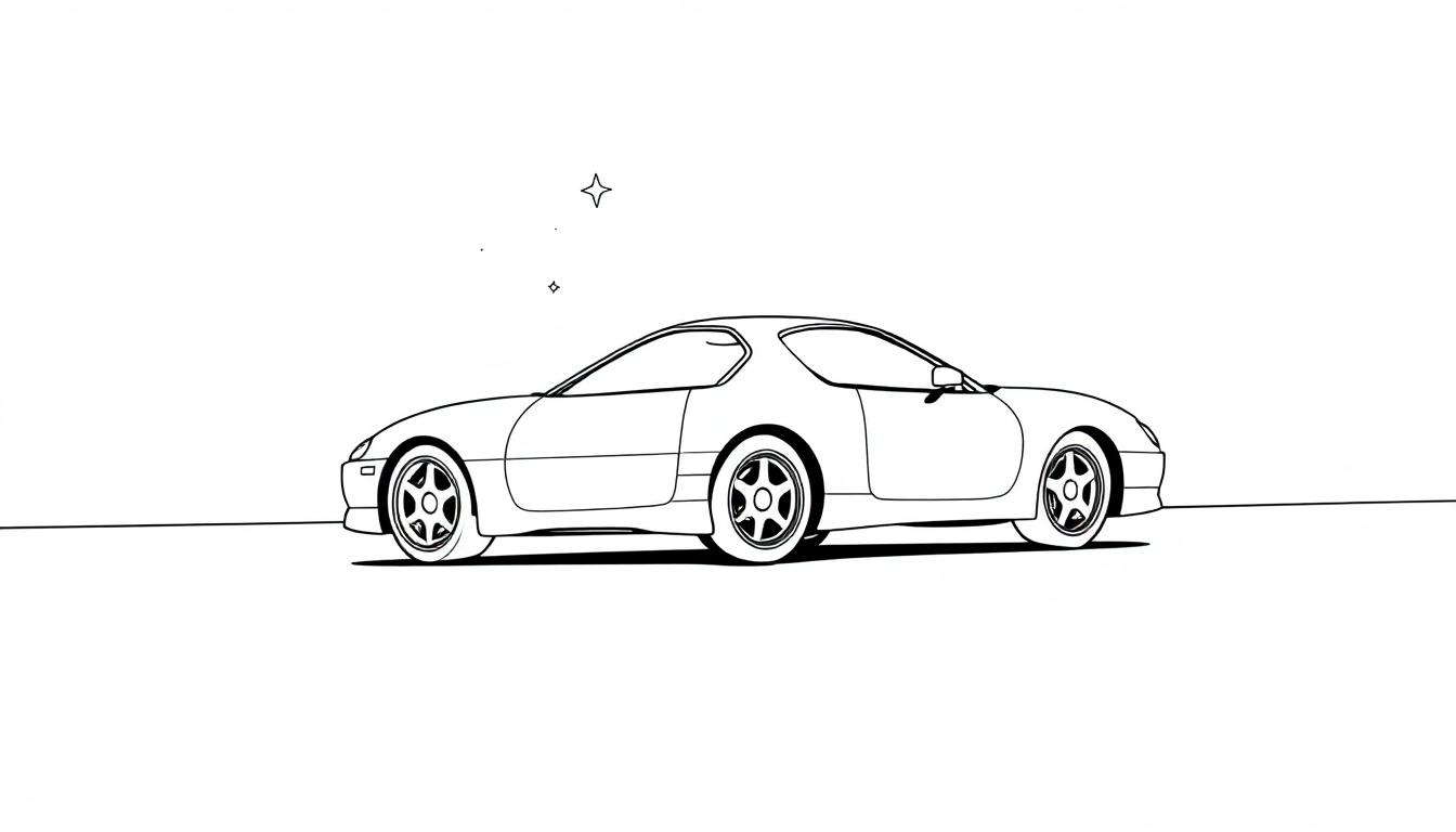 Eine Schwarz-Weiß-Farbtafel eines glücklichen Toyota Supras, der mit Sternen um ihn herum über eine Straße rast.