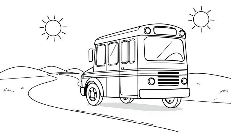 Schwarz-weißer Cartoon-Schulbus auf einer gewundenen Straße in einer hügeligen Landschaft mit cartoonartigen Sonnen, bereit zum Ausmalen – eine Farbtafel-Fantasie.