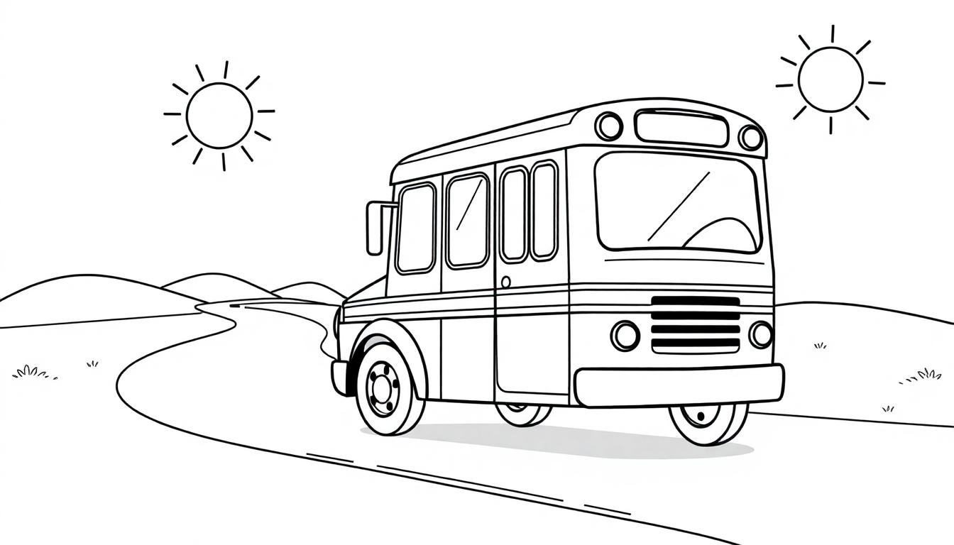 Schwarz-weißer Cartoon-Schulbus auf einer gewundenen Straße in einer hügeligen Landschaft mit cartoonartigen Sonnen, bereit zum Ausmalen – eine Farbtafel-Fantasie.