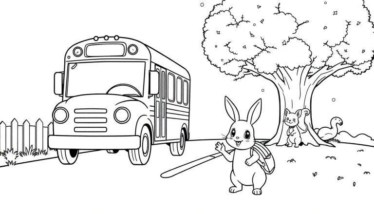 Eine schwarz-weiße Farbtafel-Illustration eines Schulbusses mit einem winkenden Hasen davor.
