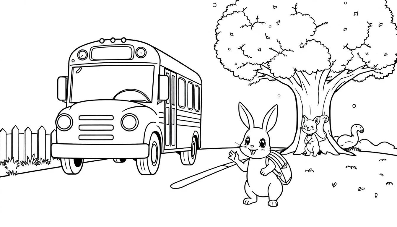 Eine schwarz-weiße Farbtafel-Illustration eines Schulbusses mit einem winkenden Hasen davor.