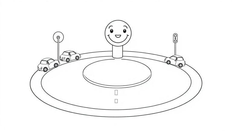 Schwarz-Weiß-Farbtafel-Malvorlage eines freundlichen Verkehrskreisels mit lächelndem Smiley, Autos und Ampel.
