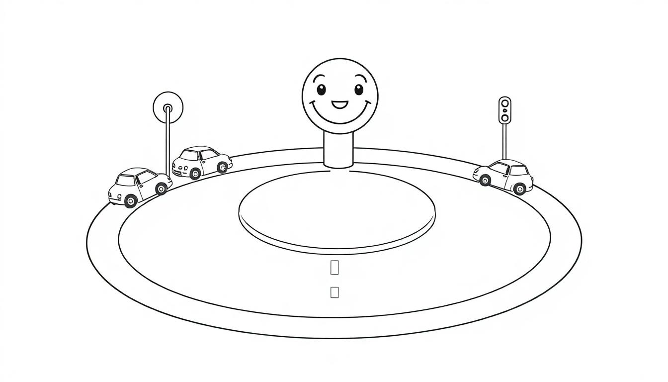 Schwarz-Weiß-Farbtafel-Malvorlage eines freundlichen Verkehrskreisels mit lächelndem Smiley, Autos und Ampel.