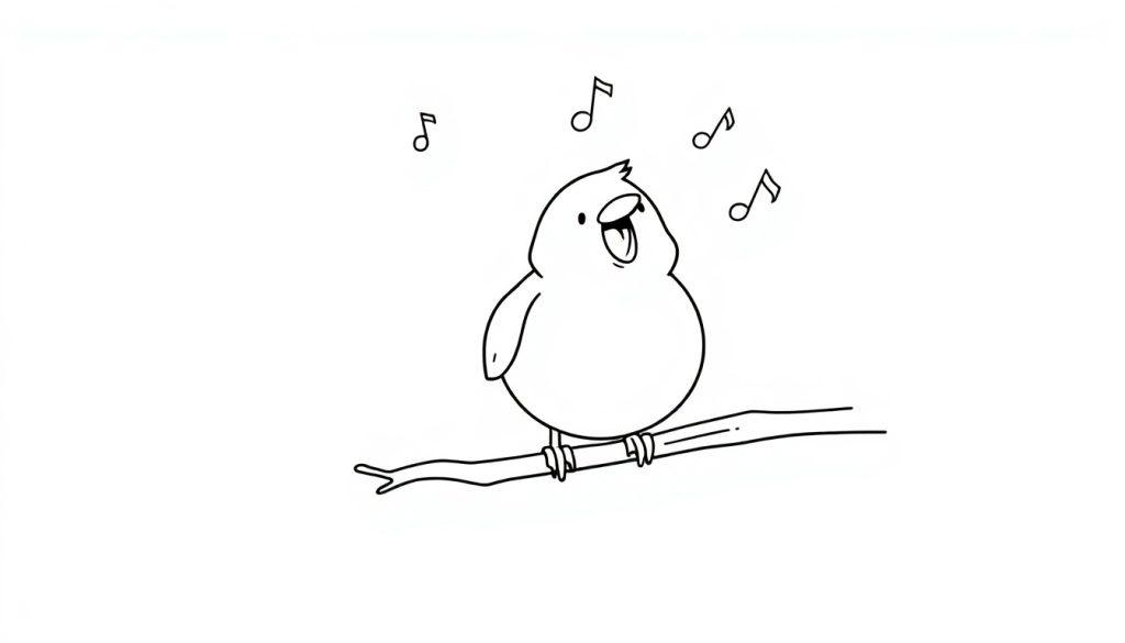 Ein schwarz-weißer Vogel, der auf einem Ast sitzt und singt, mit Noten darüber. Eine Farbtafel-Zeichnung.