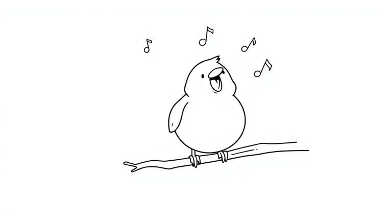 Ein schwarz-weißer Vogel, der auf einem Ast sitzt und singt, mit Noten darüber. Eine Farbtafel-Zeichnung.
