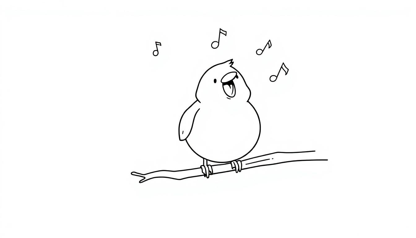 Ein schwarz-weißer Vogel, der auf einem Ast sitzt und singt, mit Noten darüber. Eine Farbtafel-Zeichnung.