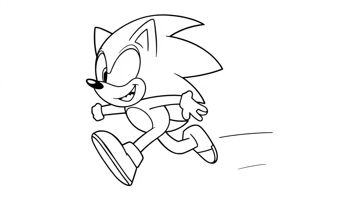 Schwarz-Weiß-Farbtafel-Malbild von Sonic, der mit einem breiten Lächeln und Bewegungslinien rennt.