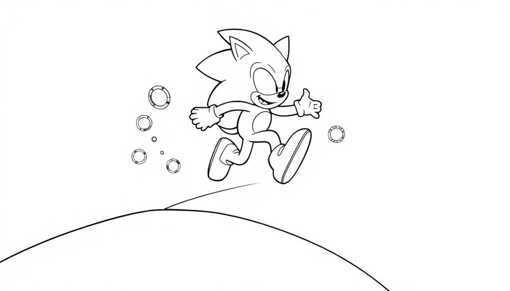 Schwarz-weiße Farbtafel: Sonic der Igel springt fröhlich, Daumen hoch, mit Ringen um ihn herum.