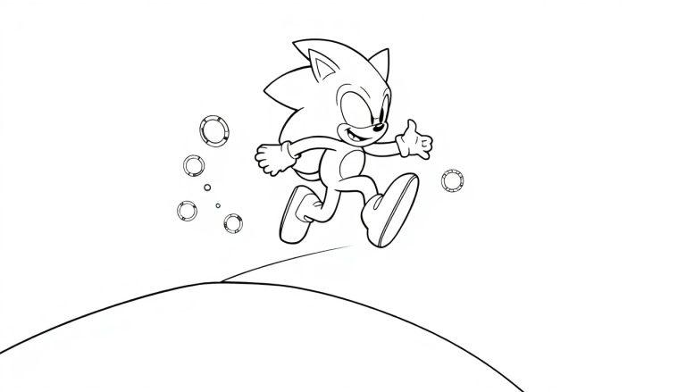 Schwarz-weiße Farbtafel: Sonic der Igel springt fröhlich, Daumen hoch, mit Ringen um ihn herum.