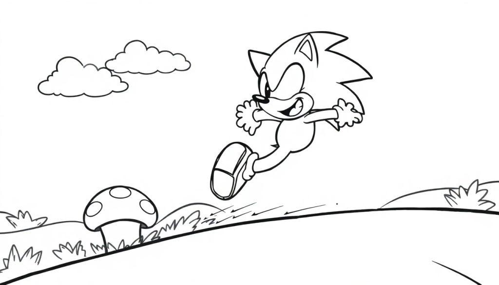 Schwarz-weiße Farbtafel von Sonic dem Igel, der durch eine Cartoon-Landschaft rennt.