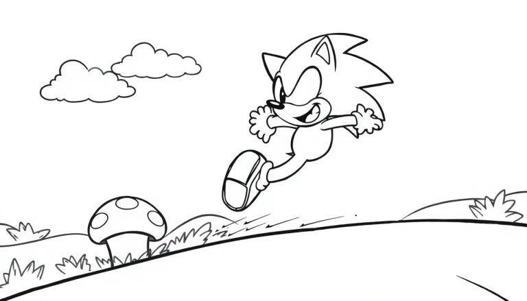 Schwarz-weiße Farbtafel von Sonic dem Igel, der durch eine Cartoon-Landschaft rennt.