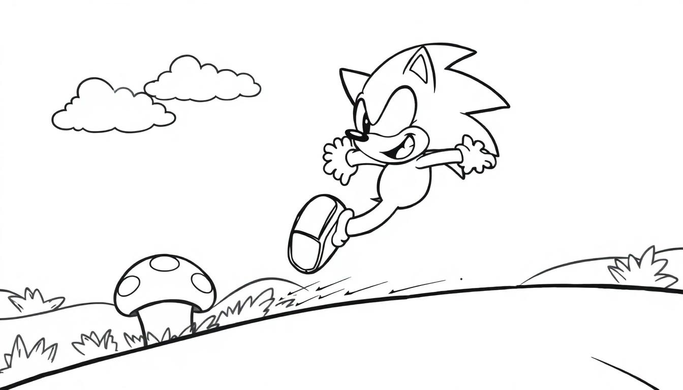 Schwarz-weiße Farbtafel von Sonic dem Igel, der durch eine Cartoon-Landschaft rennt.