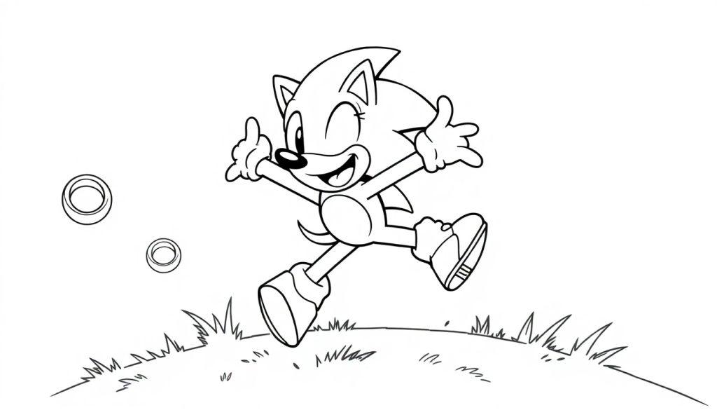 Farbtafel: Sonic the Hedgehog springt fröhlich auf einem Hügel.