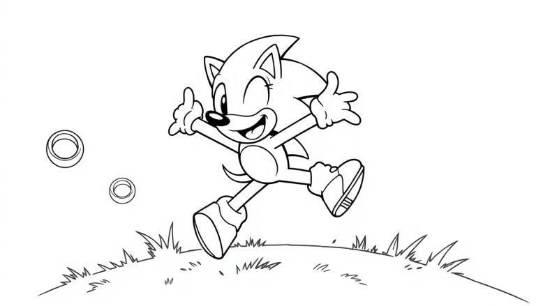 Farbtafel: Sonic the Hedgehog springt fröhlich auf einem Hügel.