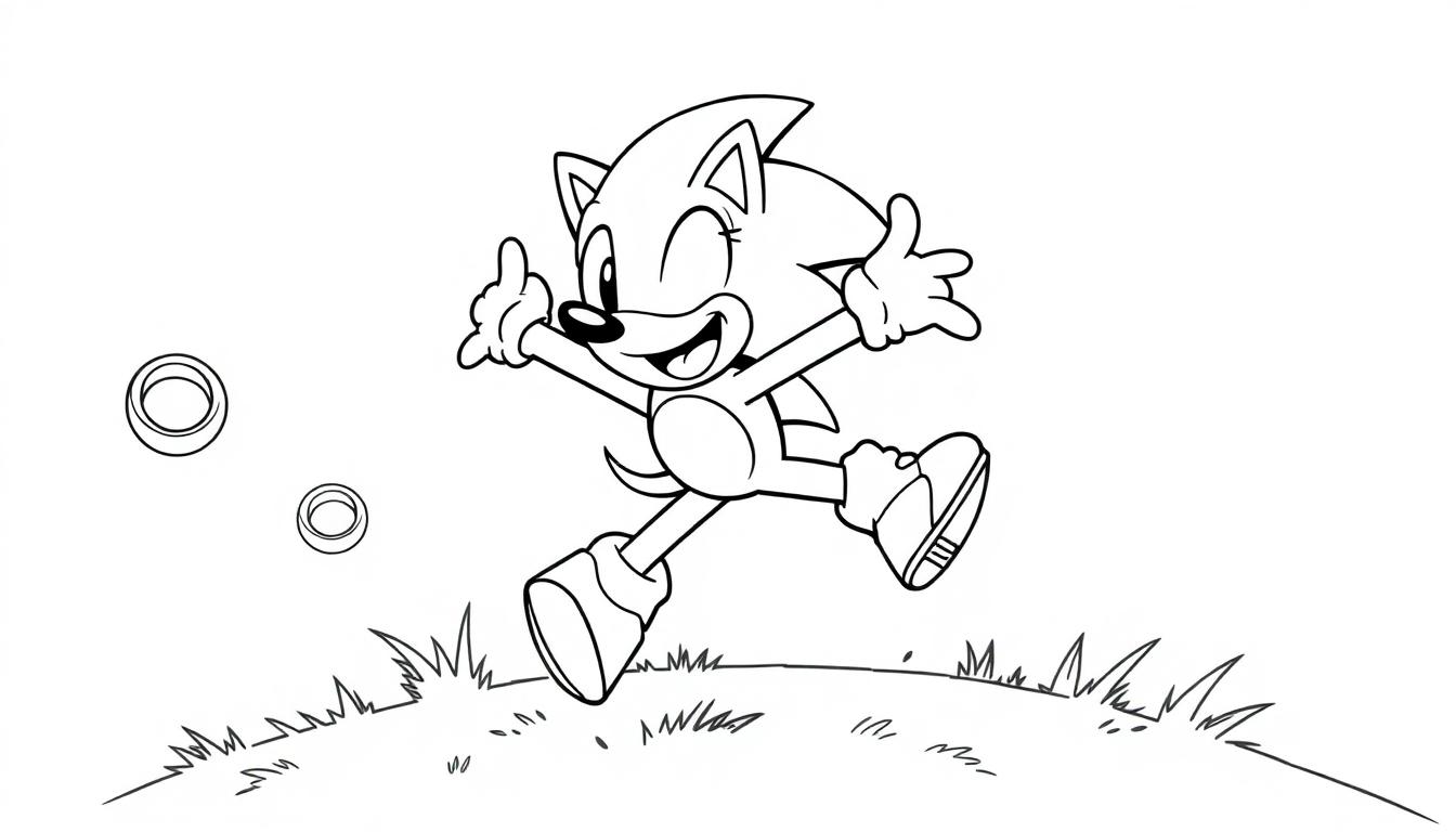 Farbtafel: Sonic the Hedgehog springt fröhlich auf einem Hügel.