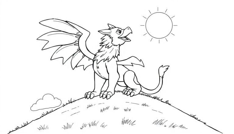 Eine freundliche Farbtafel eines cartoonartigen Drachen, der auf einem Hügel sitzt und die Sonne beobachtet.