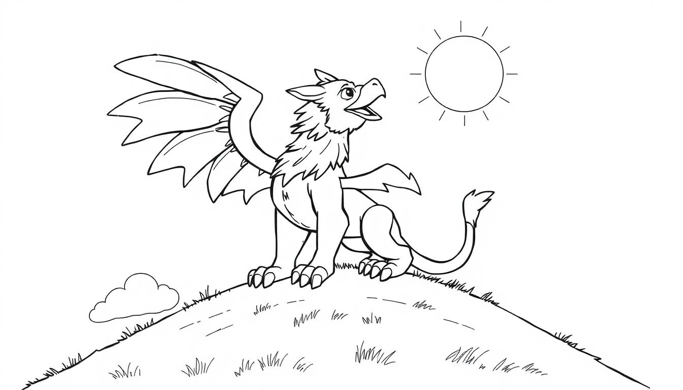 Eine freundliche Farbtafel eines cartoonartigen Drachen, der auf einem Hügel sitzt und die Sonne beobachtet.