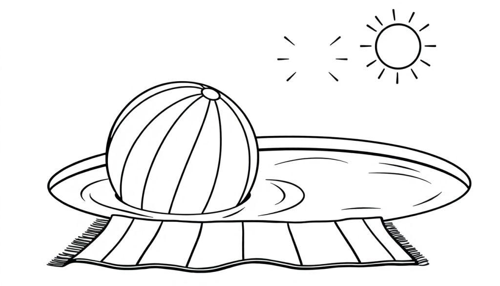 Schwarz-Weiß-Farbtafel einer Strandszene mit einem Planschbecken, einer Badebombe und einer Sonne.