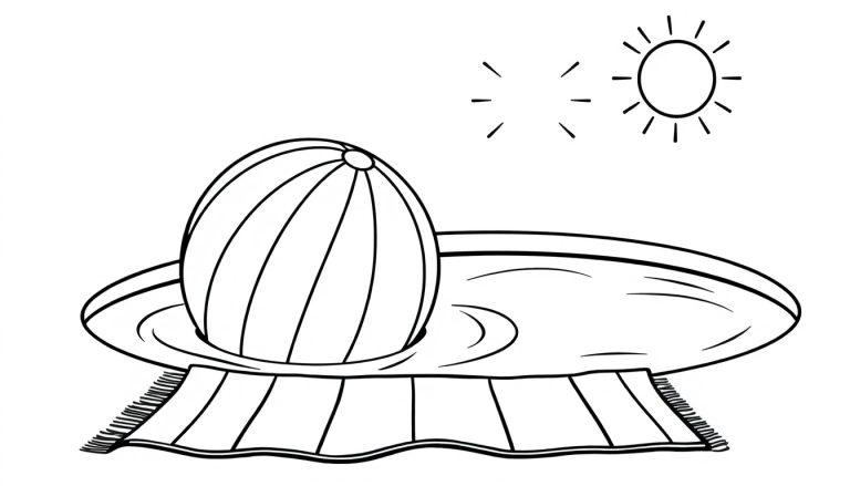 Schwarz-Weiß-Farbtafel einer Strandszene mit einem Planschbecken, einer Badebombe und einer Sonne.