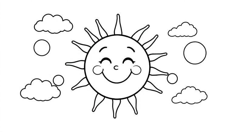 Schwarz-weiße Farbtafel einer lächelnden Sonne mit freundlichem Gesicht und Strahlen, umgeben von Wolken und Kreisen.