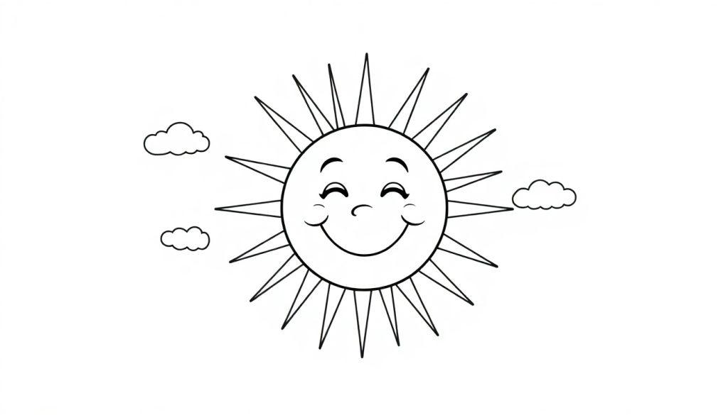 Schwarz-weiße Farbtafel einer lächelnden Sonne mit scharfen Strahlen und kleinen Wolken.
