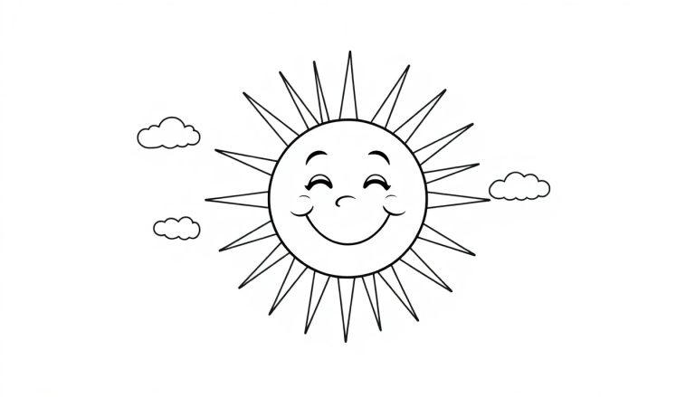Schwarz-weiße Farbtafel einer lächelnden Sonne mit scharfen Strahlen und kleinen Wolken.