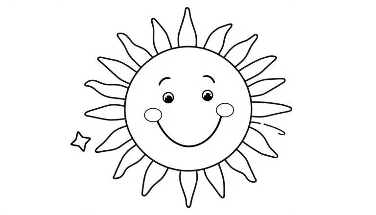 Eine lächelnde Schwarz-Weiß-Sonne mit Strahlen, bereit zum Ausmalen für Kinder. Diese Farbtafel ist voller Sonnenschein!
