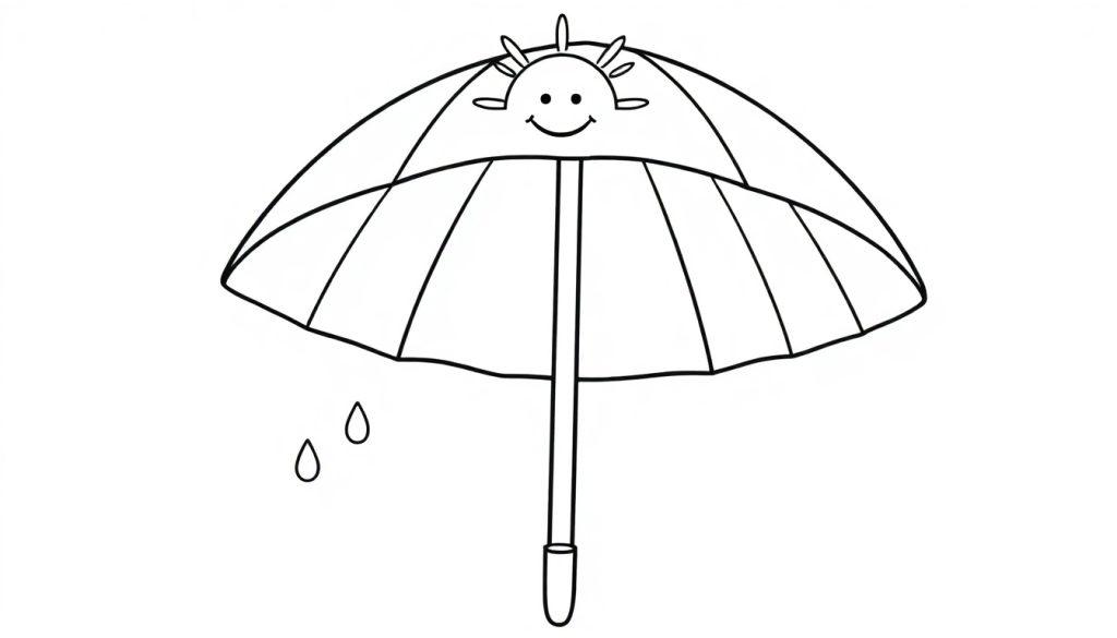 Eine Schwarz-Weiß-Farbtafel eines freundlichen Regenschirms mit einem lächelnden, sonnenähnlichen Gesicht und zwei Regentropfen.