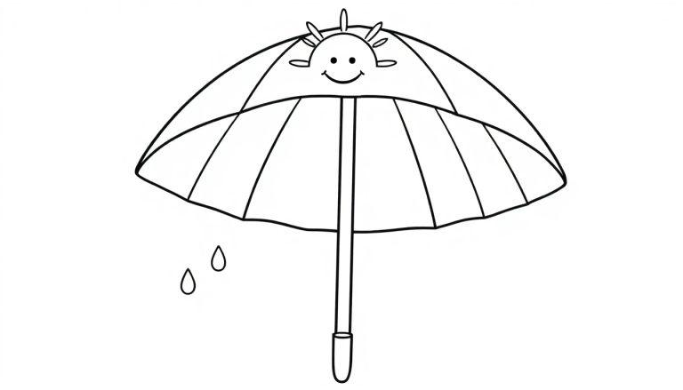 Eine Schwarz-Weiß-Farbtafel eines freundlichen Regenschirms mit einem lächelnden, sonnenähnlichen Gesicht und zwei Regentropfen.