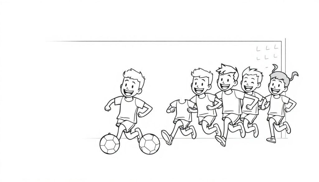 Schwarz-weißes Ausmalbild eines fröhlichen Fußballteams im Anlauf, eine Farbtafel-Szene.