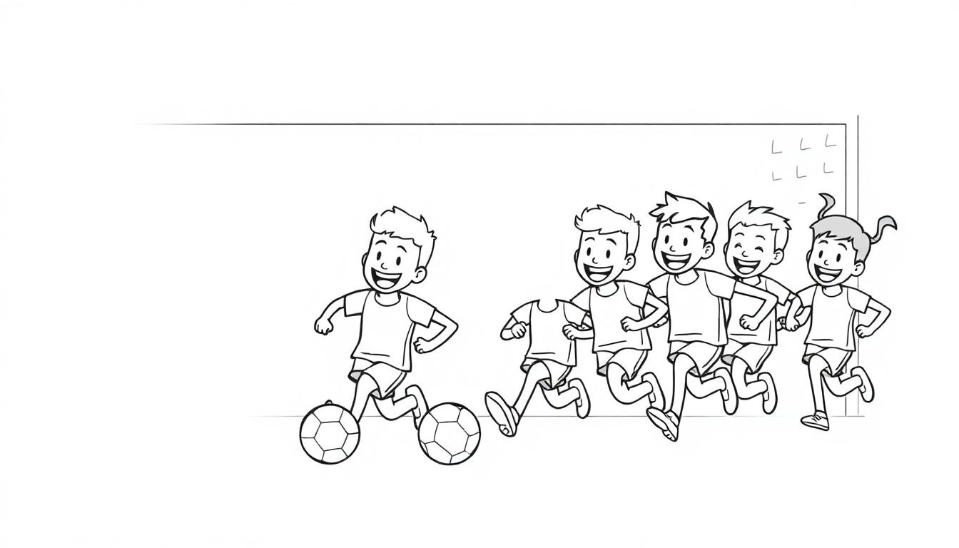 Schwarz-weißes Ausmalbild eines fröhlichen Fußballteams im Anlauf, eine Farbtafel-Szene.