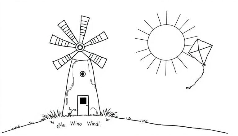 Schwarz-Weiß-Farbtafel einer Windmühle mit sechs Flügeln auf einem Hügel, einer Sonne und einem Drachen am Himmel.