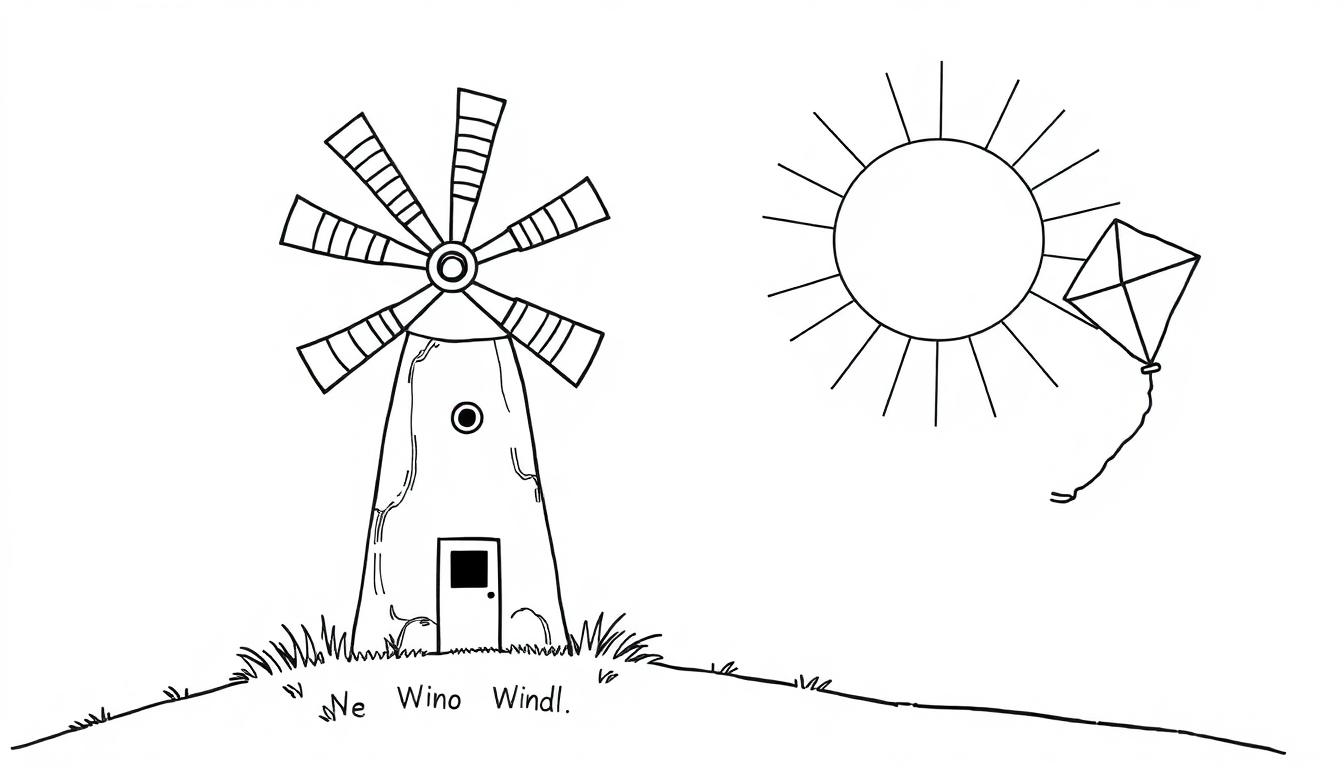 Schwarz-Weiß-Farbtafel einer Windmühle mit sechs Flügeln auf einem Hügel, einer Sonne und einem Drachen am Himmel.