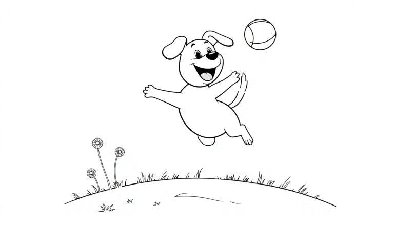 Schwarzweiß-Farbtafel-Zeichnung eines fröhlichen Hundes, der einen Ball fängt.