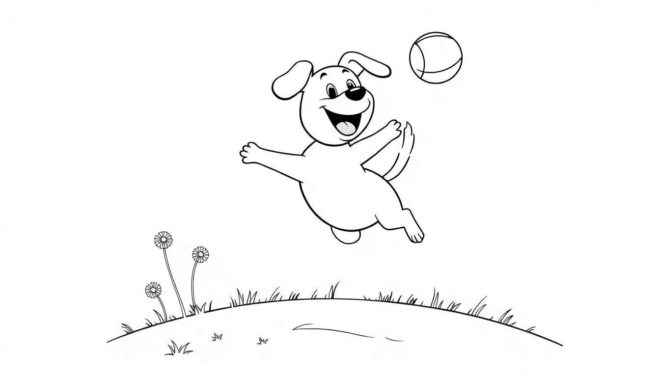 Schwarzweiß-Farbtafel-Zeichnung eines fröhlichen Hundes, der einen Ball fängt.