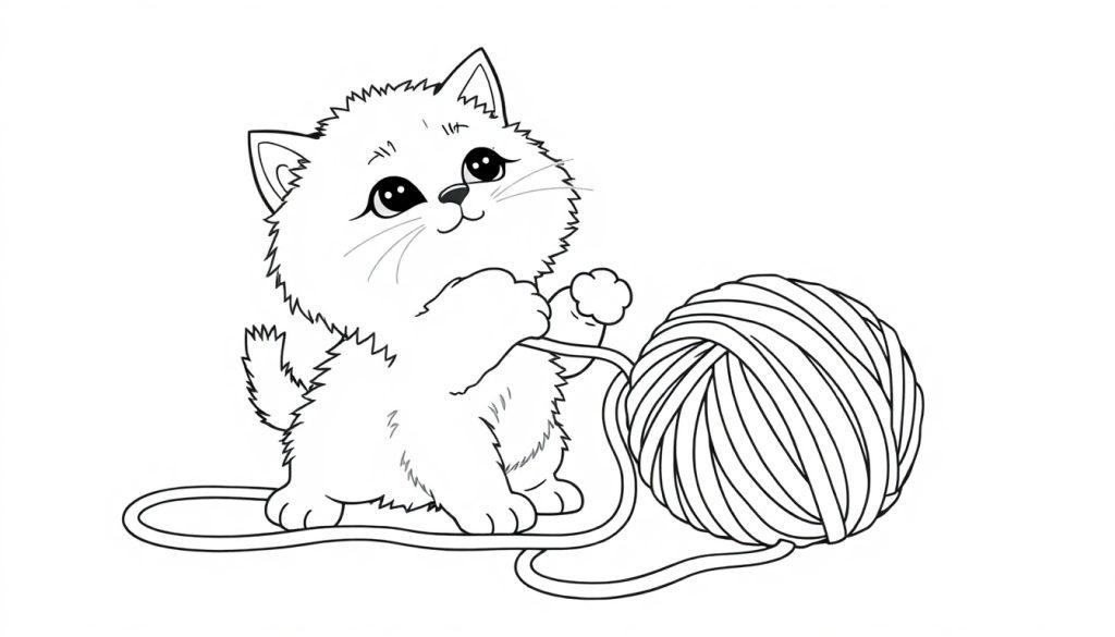 Niedliche Schwarz-Weiß-Farbtafel eines Kätzchens, das mit einem Wollknäuel spielt.