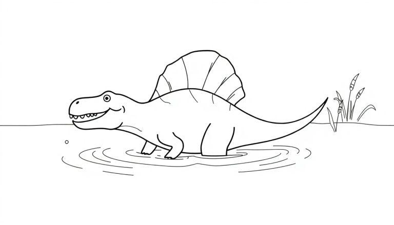 Eine Schwarz-Weiß-Farbtafel eines freundlichen Spinosaurus im Wasser mit Gräsern am Ufer.