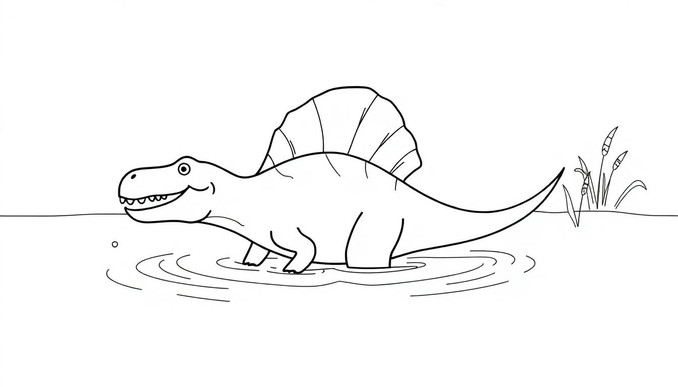 Eine Schwarz-Weiß-Farbtafel eines freundlichen Spinosaurus im Wasser mit Gräsern am Ufer.