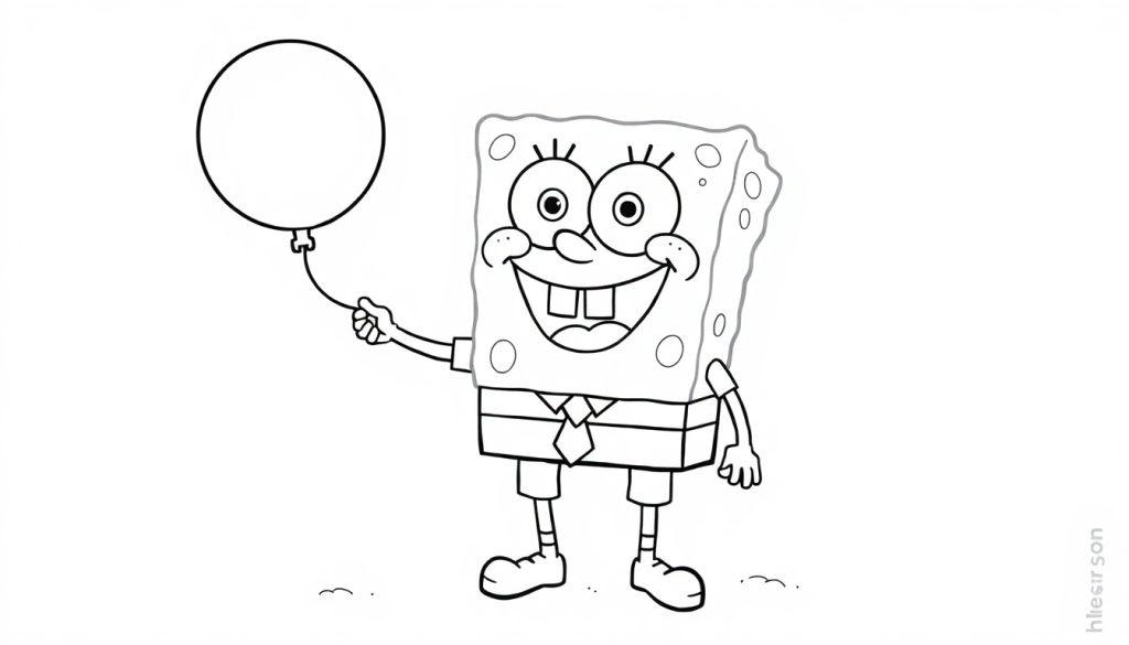 Schwarz-weiße Farbtafel-Malvorlage von SpongeBob Schwammkopf, der lacht und einen Luftballon hält.