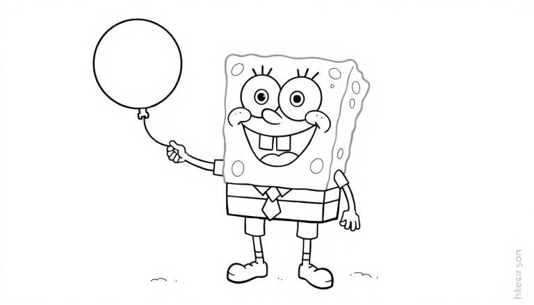 Schwarz-weiße Farbtafel-Malvorlage von SpongeBob Schwammkopf, der lacht und einen Luftballon hält.