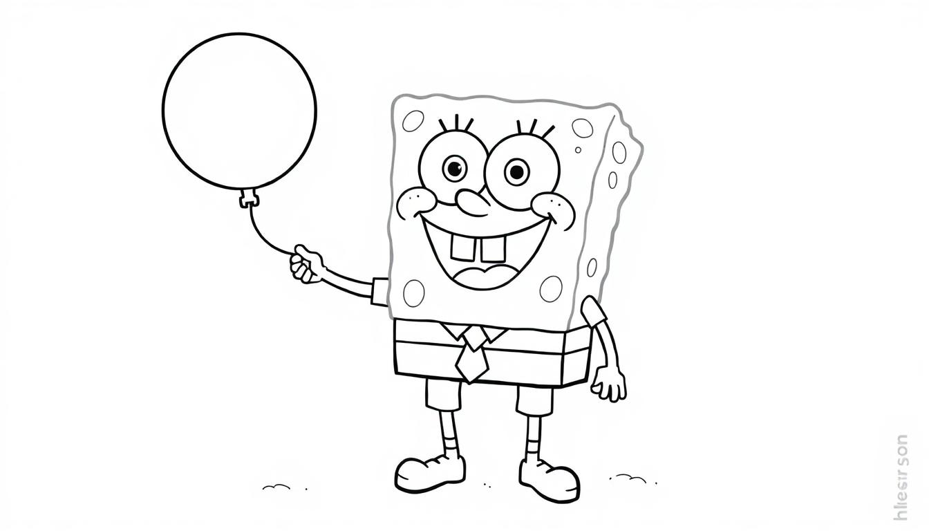 Schwarz-weiße Farbtafel-Malvorlage von SpongeBob Schwammkopf, der lacht und einen Luftballon hält.