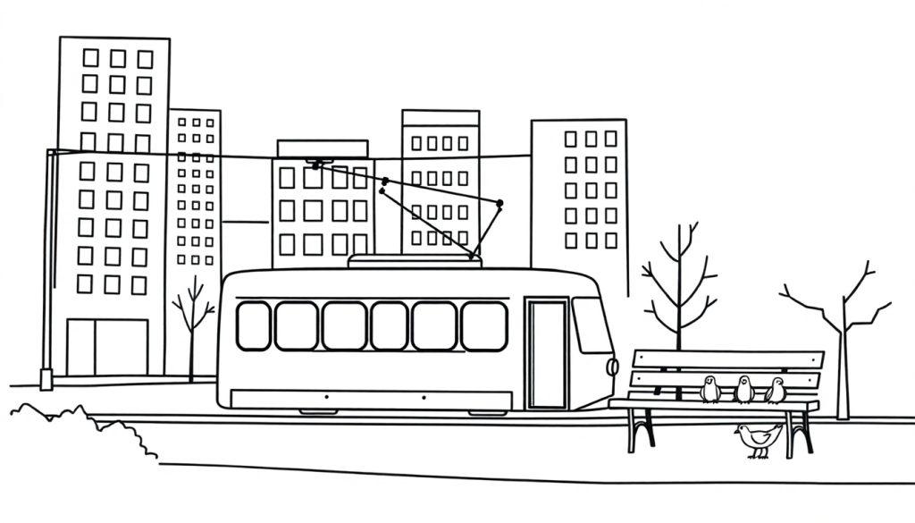 Eine einfache Schwarzweiß-Illustration einer Stadtlandschaft mit einer Straßenbahn, einer Parkbank und Gebäuden.