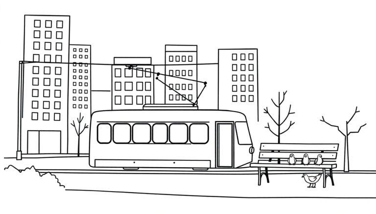 Eine einfache Schwarzweiß-Illustration einer Stadtlandschaft mit einer Straßenbahn, einer Parkbank und Gebäuden.